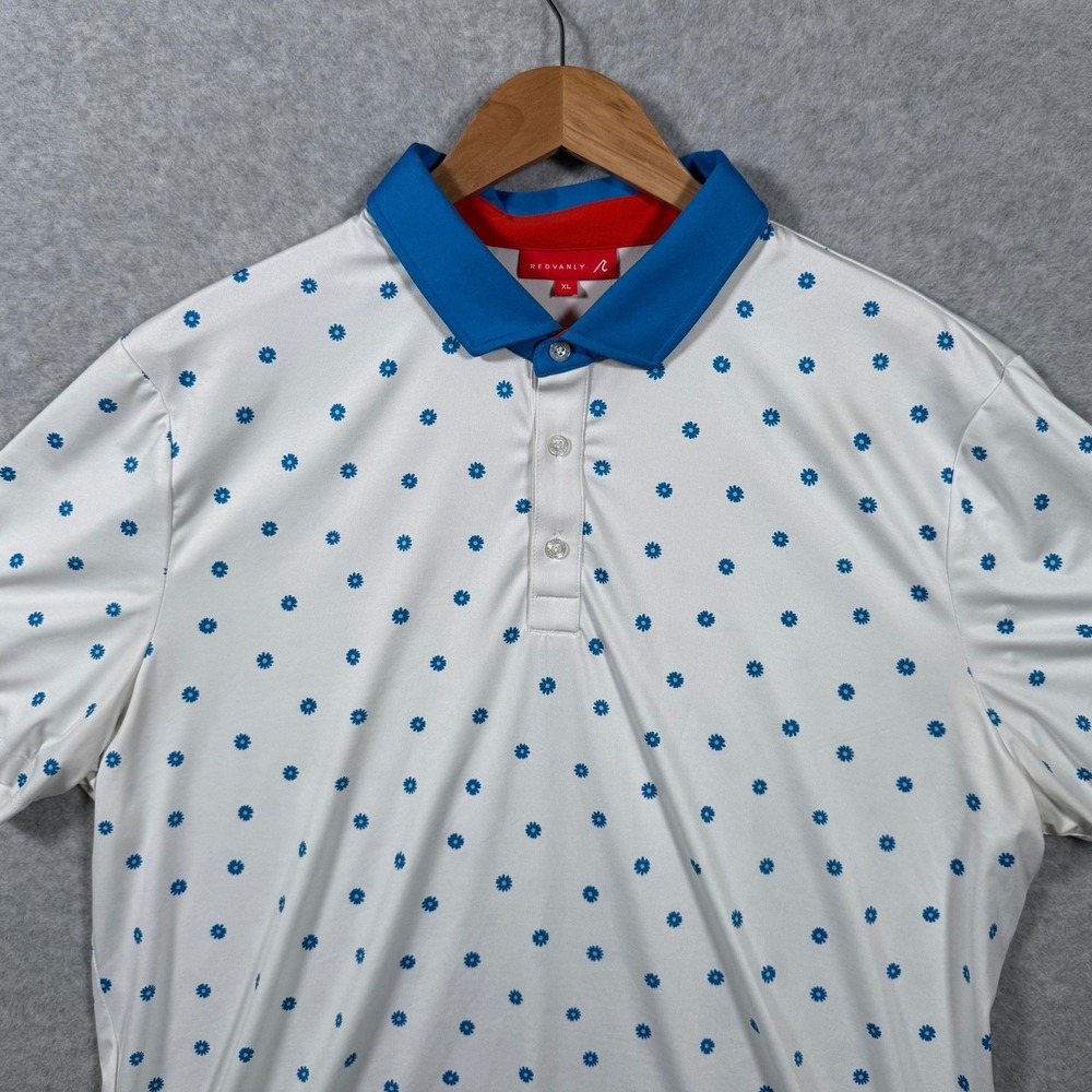 Redvanly Mens XL Golf Polo Shirt White Blue Floral Daisy Print Performance Short - Picture 2 of 11